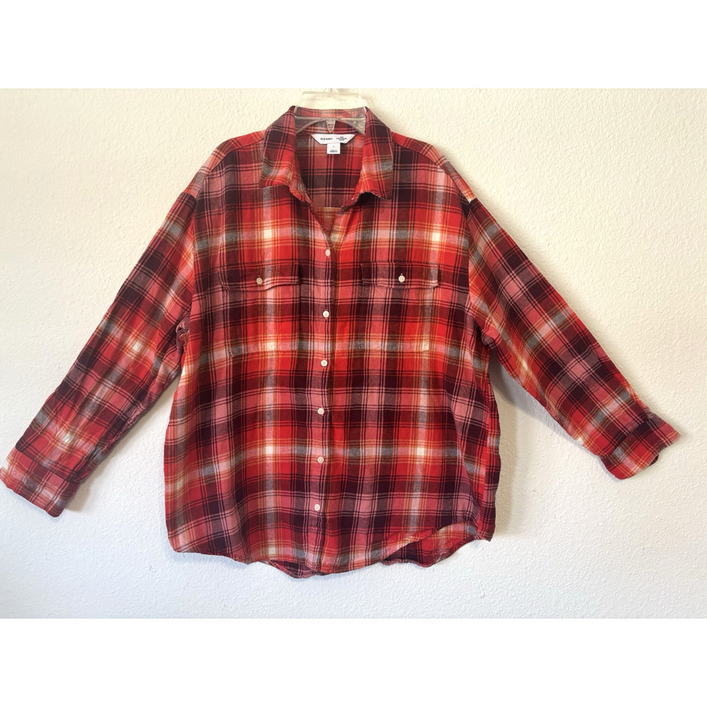 Old Navy The Boyfriend Shirt Red Plaid Flannel‎ Button-Up Cabincore Large